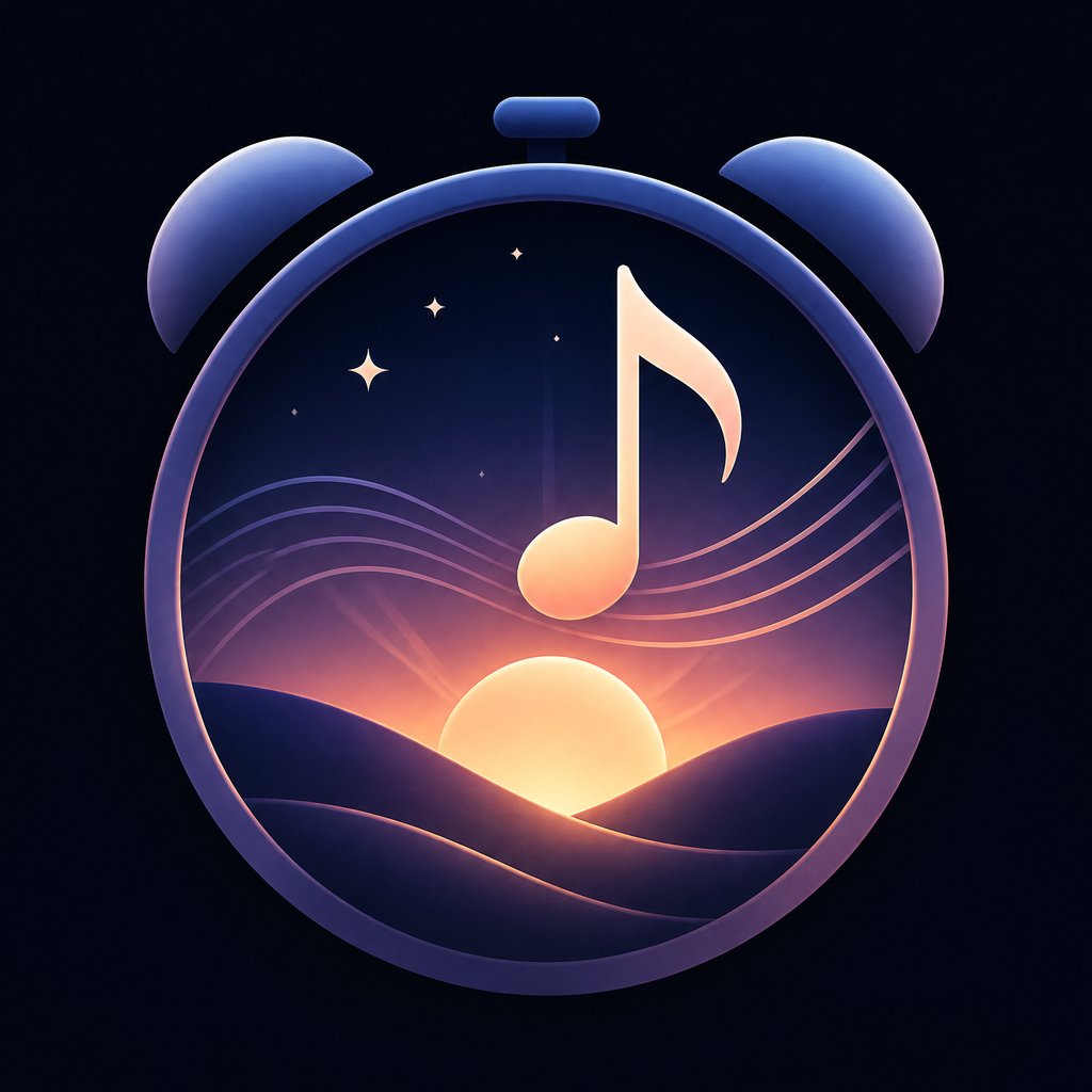 Alarm Songs logo — an alarm clock holding a sunrise and a music note